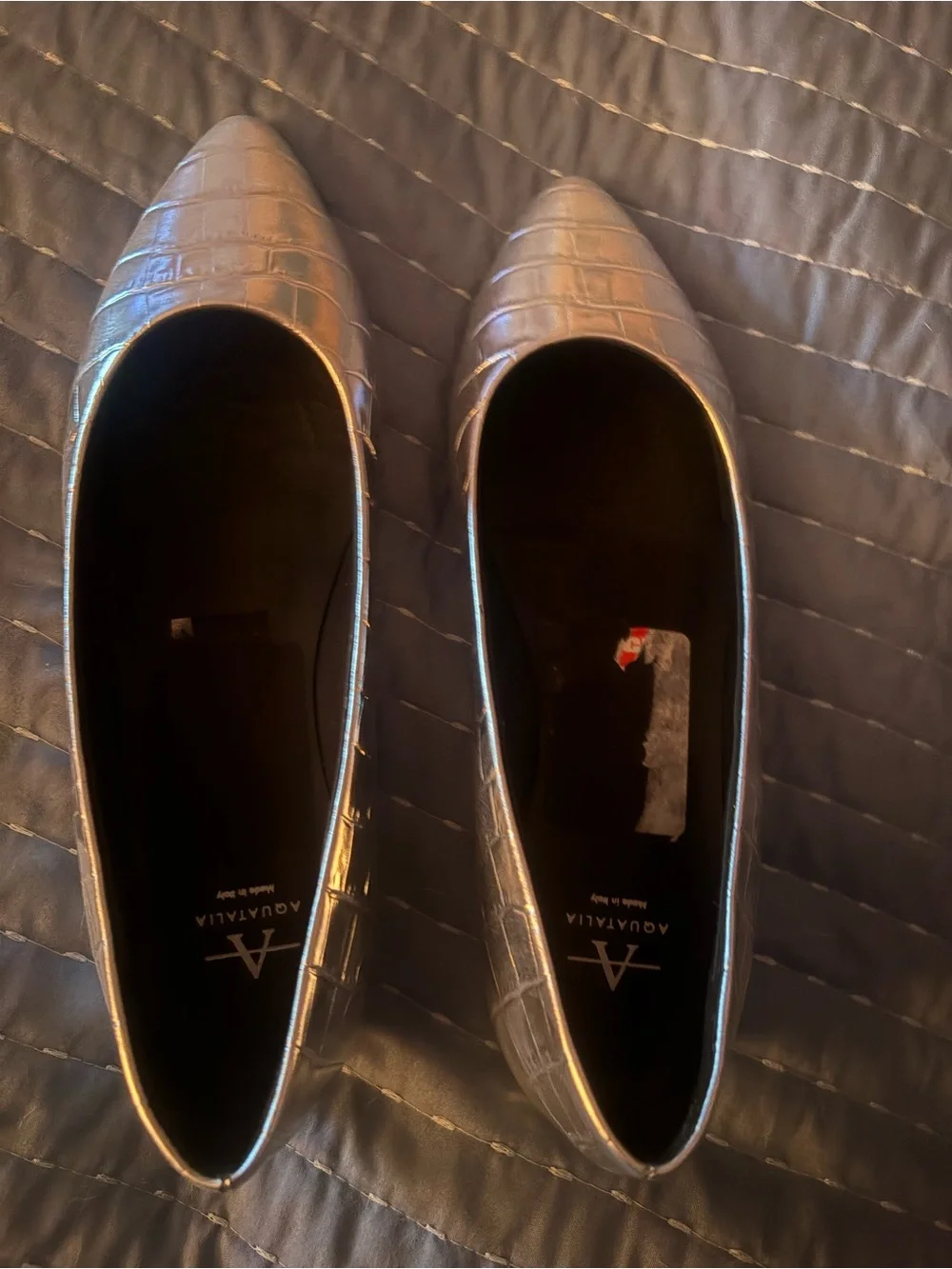 Aquatalia Silver Metallic Croc-Embossed Pointed Toe Slip-Ons